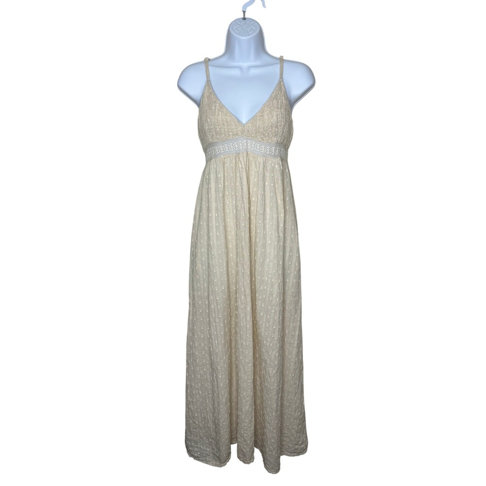 Sim & Sam Maxi Dress Womens L Cream Cotton Linen Swiss Dot Boho Lace Pocket